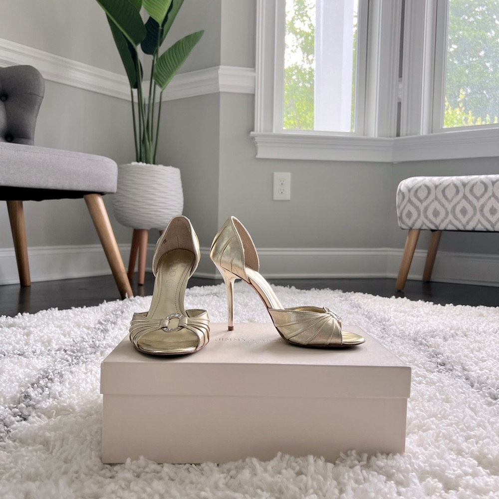 ALDO Champagne Gold Leather D’Orsay Heels with Crystal Accent 36 💕